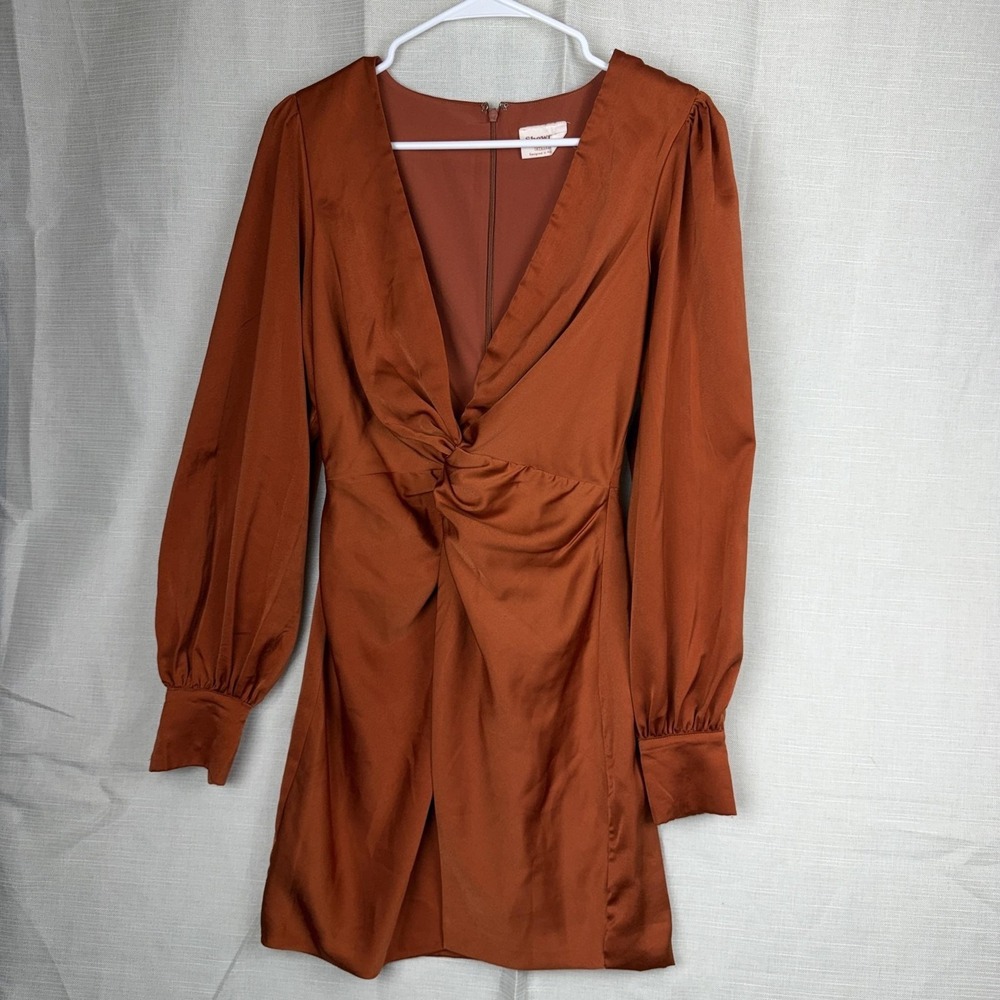 Showpo Dress Womens 2 Orange Satin Ruched V Neck Puff Sleeve Sheath Mini Party